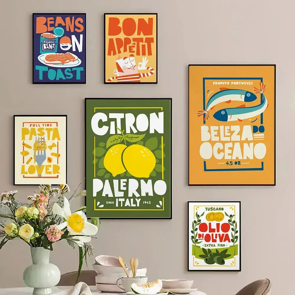 Set of 6 colorful fun beans on toast canvas painting kitchen posters