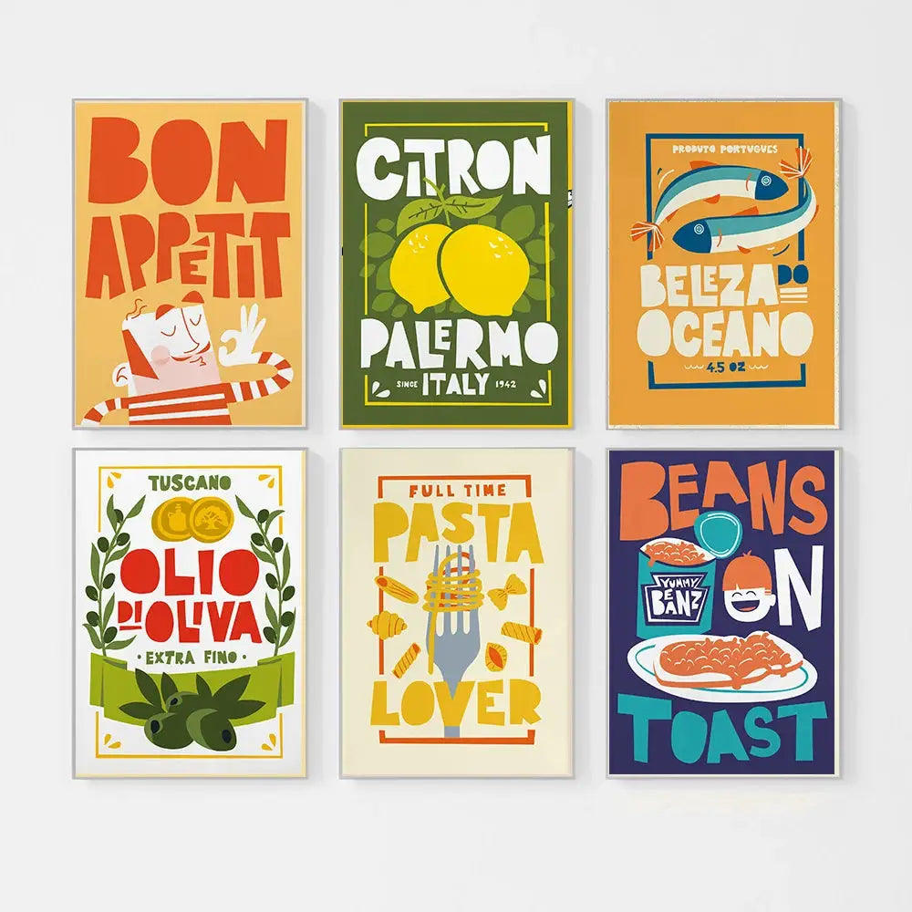 Set of 6 colorful fun beans on toast canvas painting kitchen posters