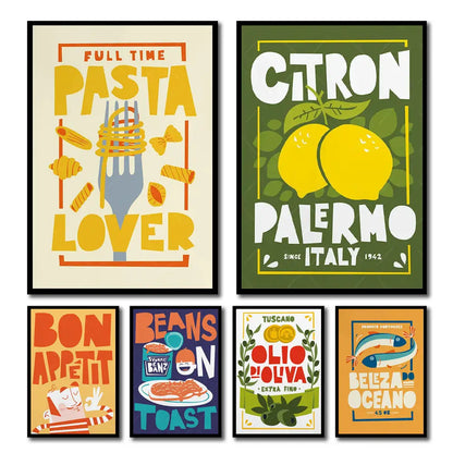 Set of 6 colorful fun beans on toast canvas painting kitchen posters
