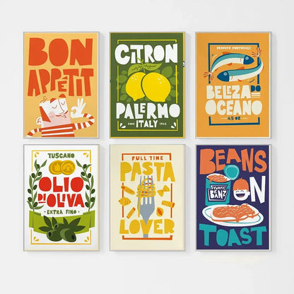 Set of 6 colorful fun beans on toast canvas painting kitchen posters