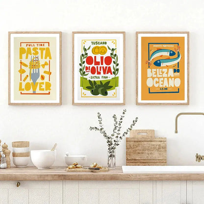 Set of 6 colorful fun beans on toast canvas painting kitchen posters