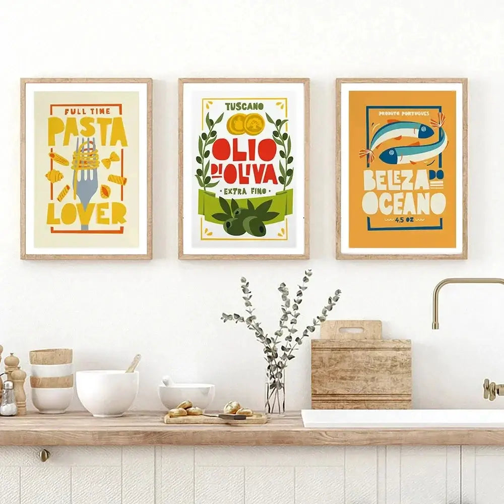 Set of 6 colorful fun beans on toast canvas painting kitchen posters