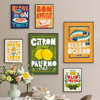 Set of 6 colorful fun beans on toast canvas painting kitchen posters