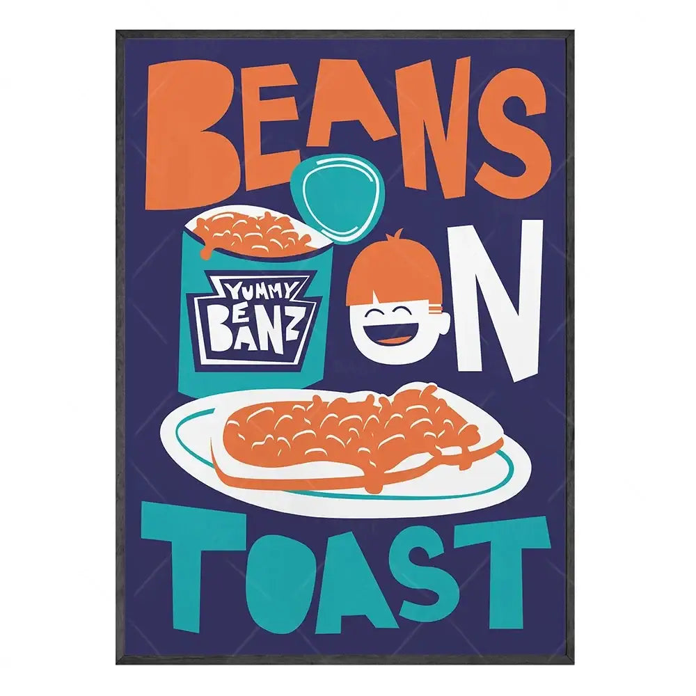 Set of 6 colorful fun beans on toast canvas painting kitchen posters