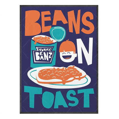 Set of 6 colorful fun beans on toast canvas painting kitchen posters