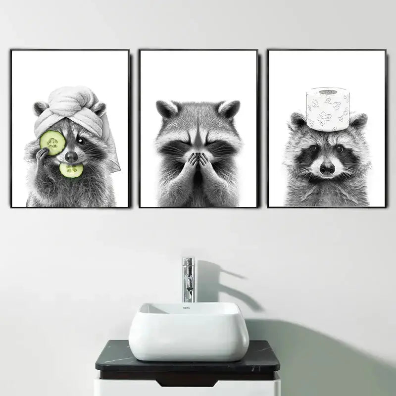 Funny raccoon animal bathroom canvas wall art