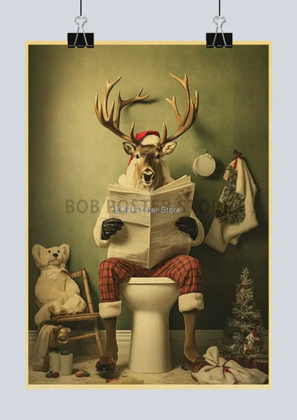 Vintage highland cow reading newspaper funny animal bathroom wall art