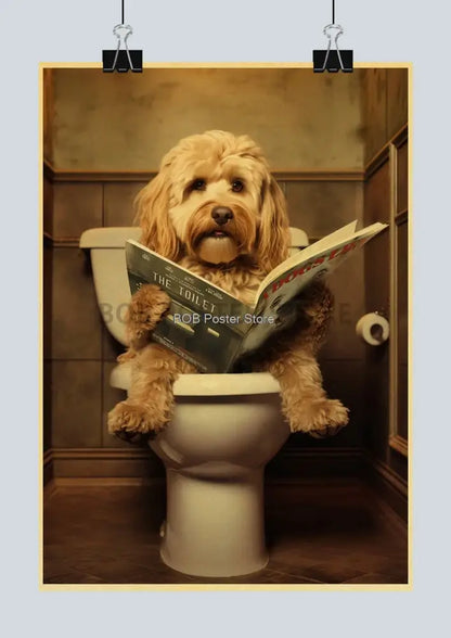 Vintage highland cow reading newspaper funny animal bathroom wall art