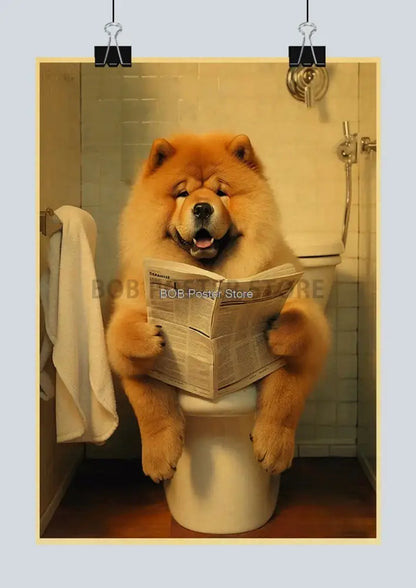 Vintage highland cow reading newspaper funny animal bathroom wall art