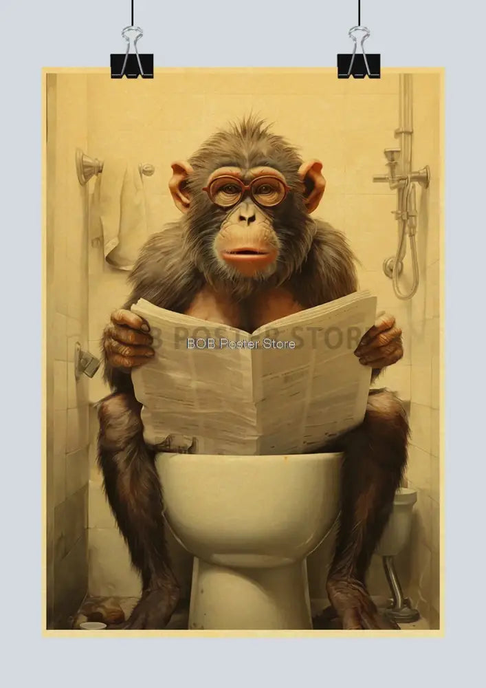 Vintage highland cow reading newspaper funny animal bathroom wall art