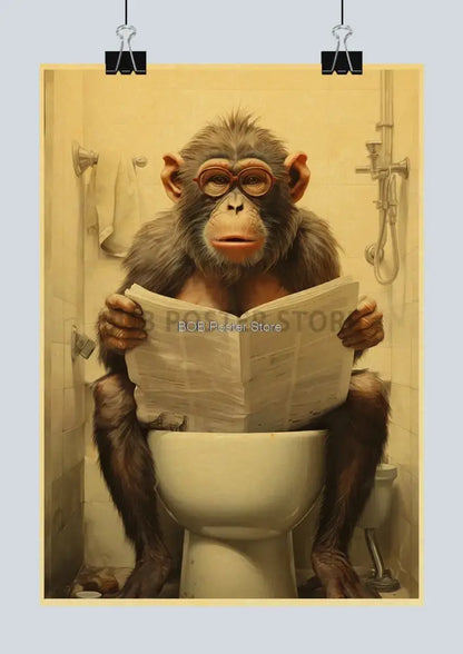 Vintage highland cow reading newspaper funny animal bathroom wall art