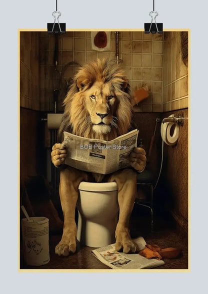 Vintage highland cow reading newspaper funny animal bathroom wall art