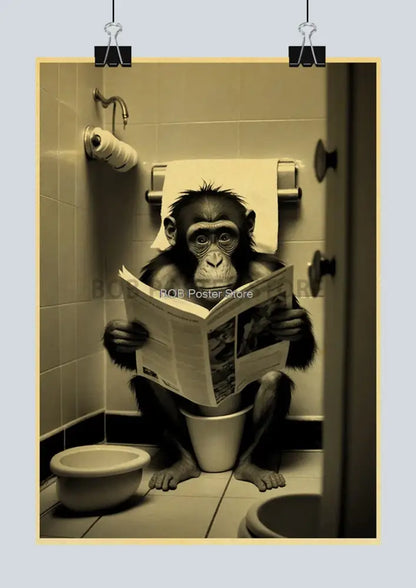 Vintage highland cow reading newspaper funny animal bathroom wall art