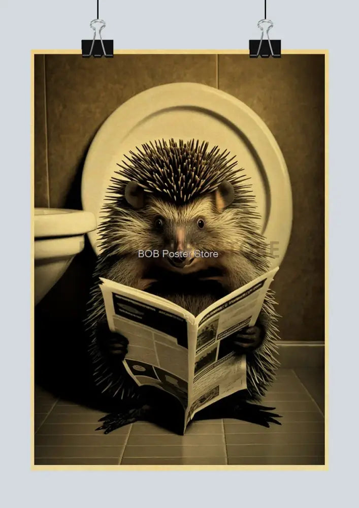 Vintage highland cow reading newspaper funny animal bathroom wall art