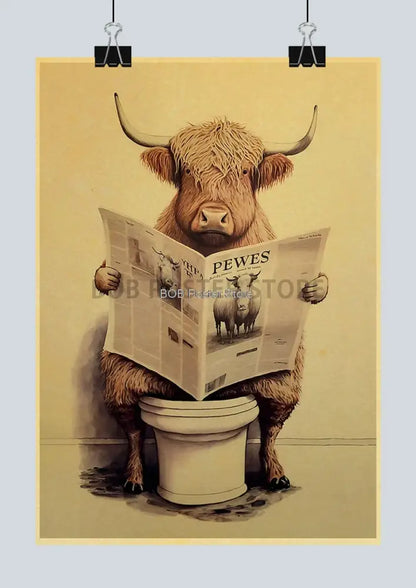 Vintage highland cow reading newspaper funny animal bathroom wall art
