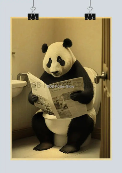 Vintage highland cow reading newspaper funny animal bathroom wall art