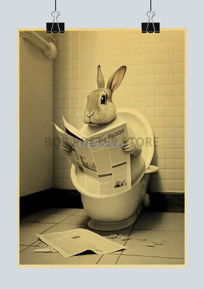Vintage highland cow reading newspaper funny animal bathroom wall art