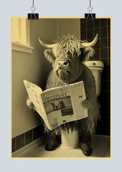 Vintage highland cow reading newspaper funny animal bathroom wall art