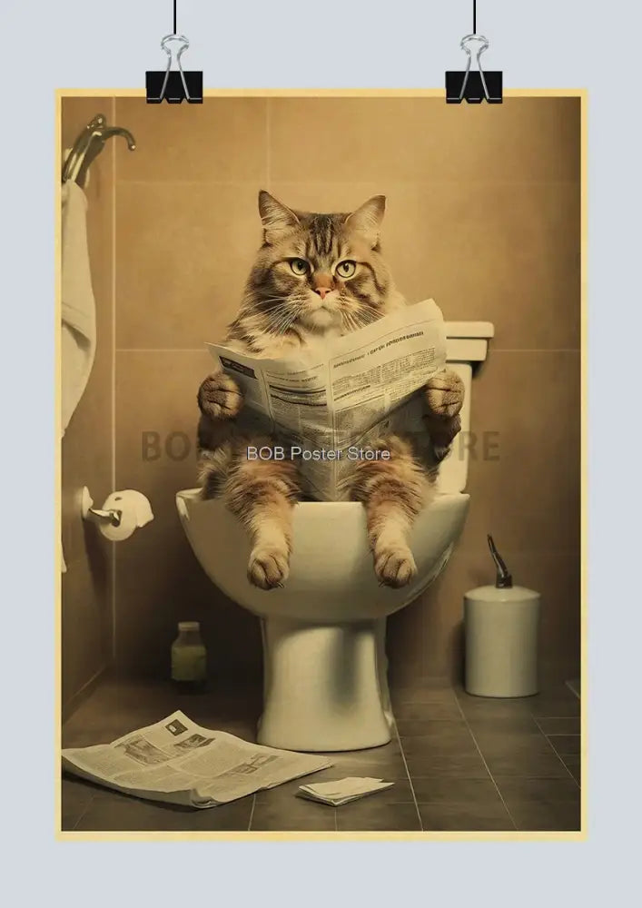 Vintage highland cow reading newspaper funny animal bathroom wall art