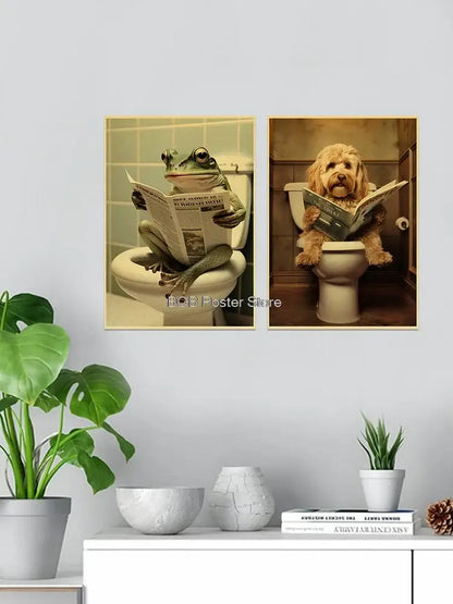 Vintage highland cow reading newspaper funny animal bathroom wall art