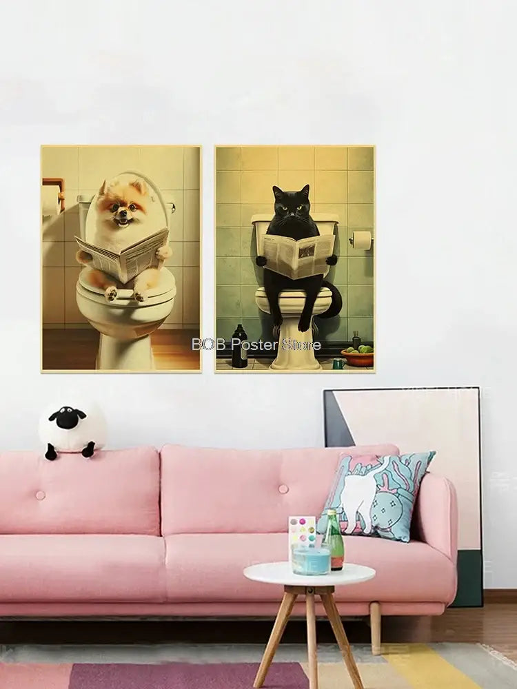 Vintage highland cow reading newspaper funny animal bathroom wall art