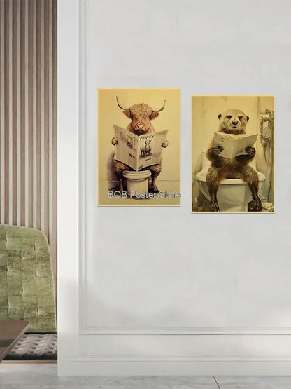 Vintage highland cow reading newspaper funny animal bathroom wall art