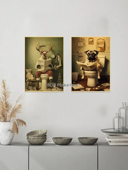 Vintage highland cow reading newspaper funny animal bathroom wall art