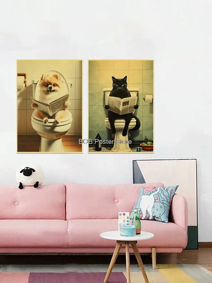 Vintage highland cow reading newspaper funny animal bathroom wall art