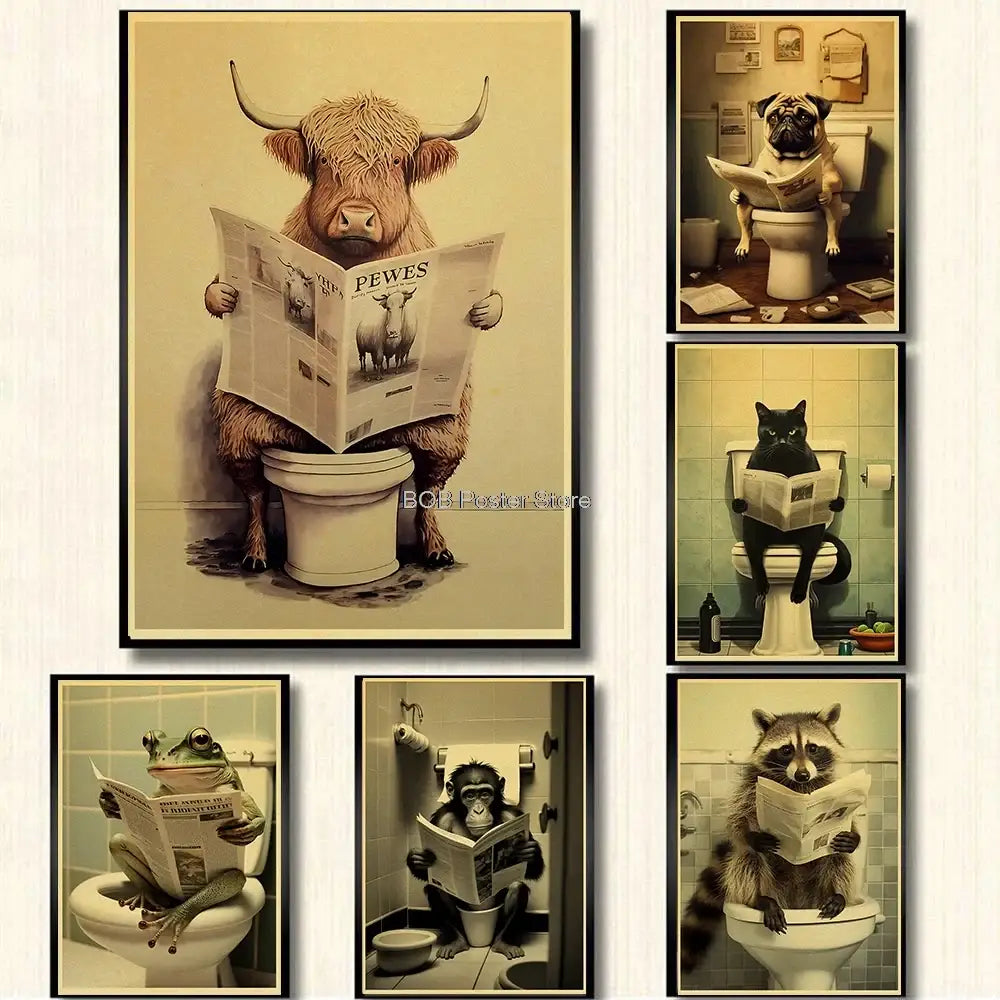 Vintage highland cow reading newspaper funny animal bathroom wall art