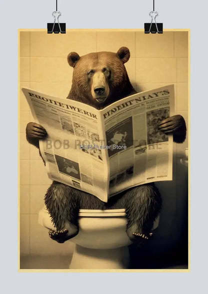 Vintage highland cow reading newspaper funny animal bathroom wall art