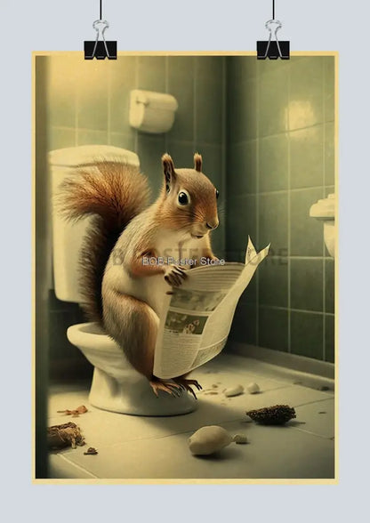 Vintage highland cow reading newspaper funny animal bathroom wall art