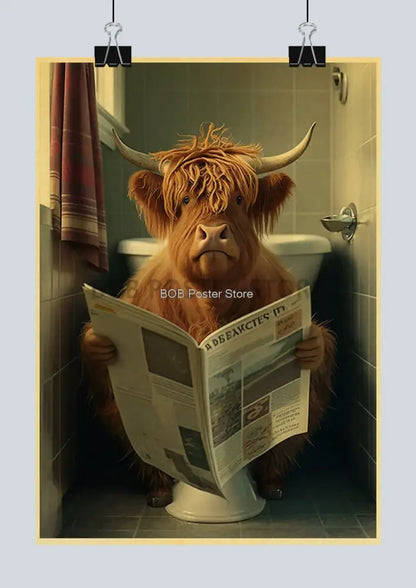 Vintage highland cow reading newspaper funny animal bathroom wall art