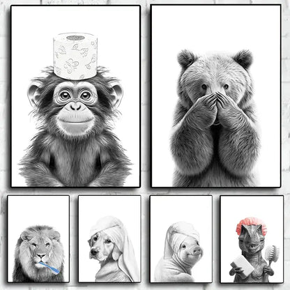 Funny bear wall art black and white bathroom canvas print