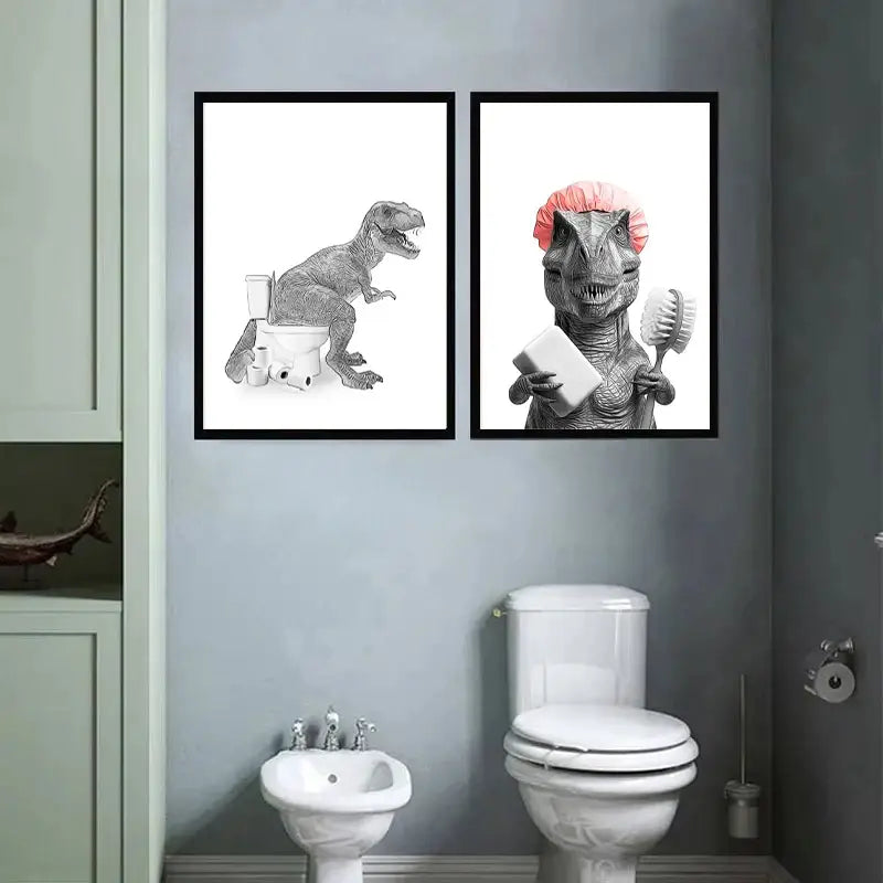 Funny t-rex canvas painting for bathroom wall art