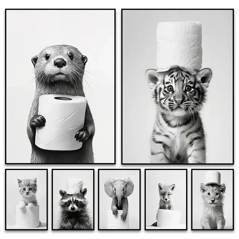 Black and white funny animals wall art – bathroom framed prints