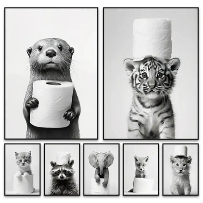 Black and white funny animals wall art – bathroom framed prints