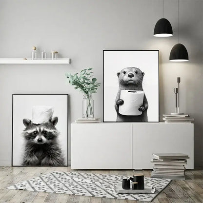 Black and white funny animals wall art – bathroom framed prints