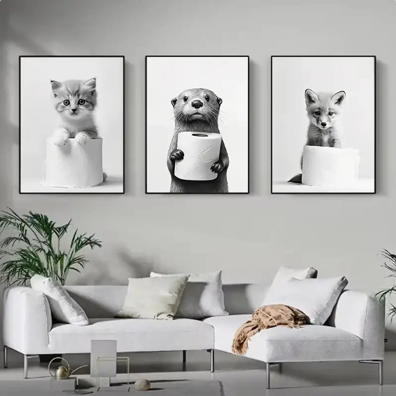 Black and white funny animals wall art – bathroom framed prints