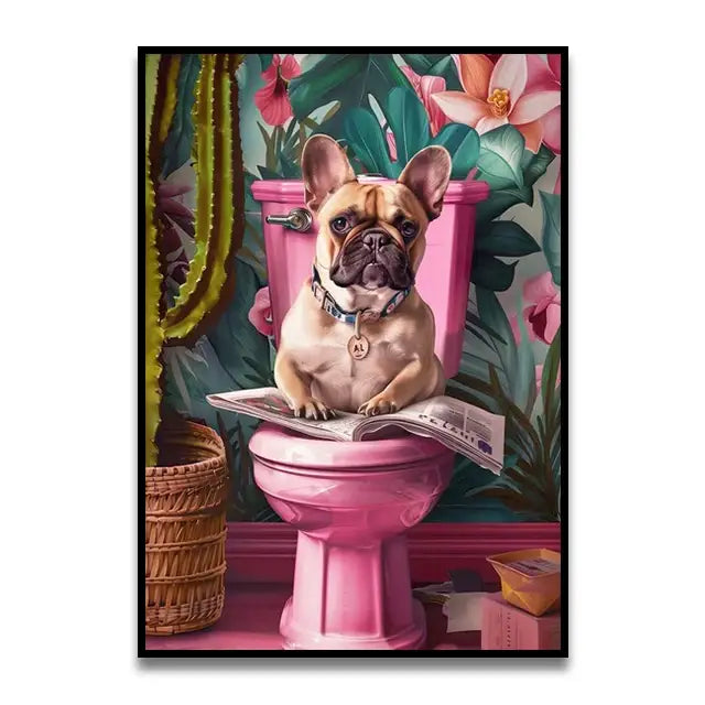 Funny dog reading newspaper pink bathroom canvas wall art
