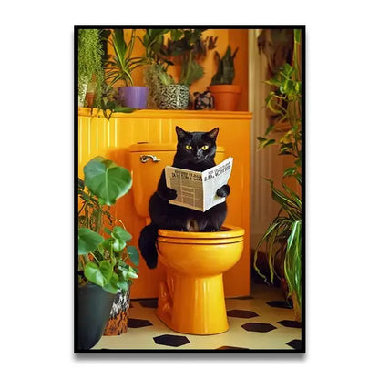 Whimsical teal giraffe bathroom wall art reading newspaper