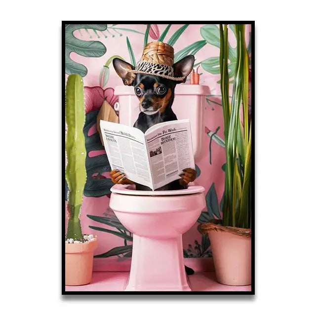 Funny black cat reading newspaper canvas bathroom wall art
