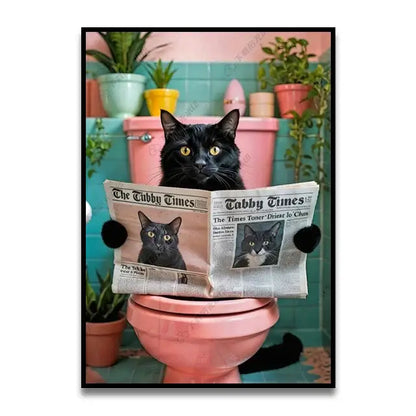 Funny black cat on pink toilet bathroom wall art print