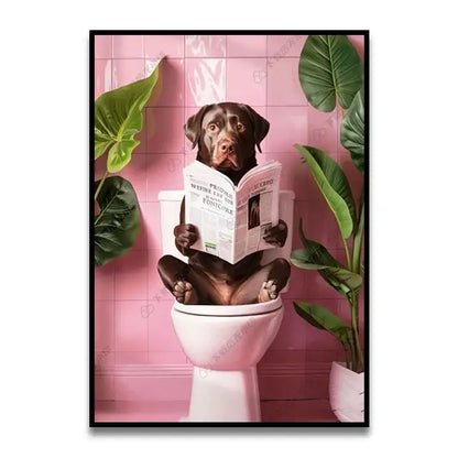Funny black cat on pink toilet bathroom wall art print