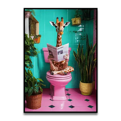 Whimsical teal giraffe bathroom wall art reading newspaper