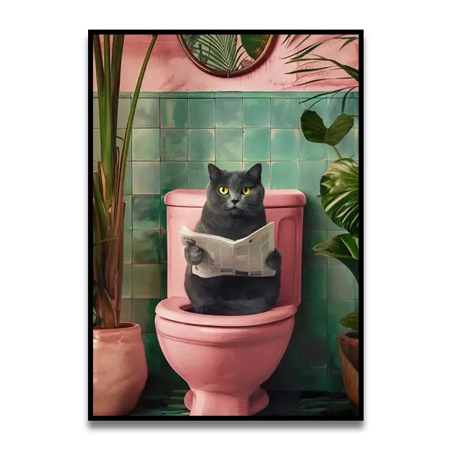 Funny tabby cat reading newspaper wall art bathroom framed canvas