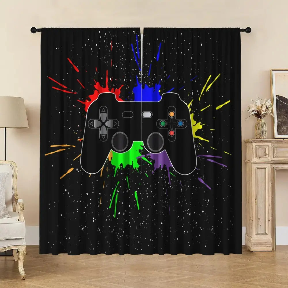 game console handle curtains black & rainbow bedroom decor