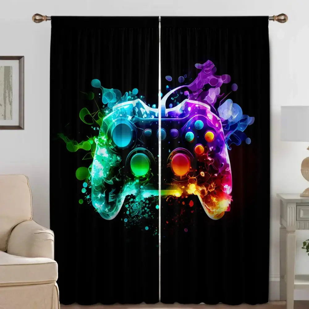 game console handle curtains black & rainbow bedroom decor