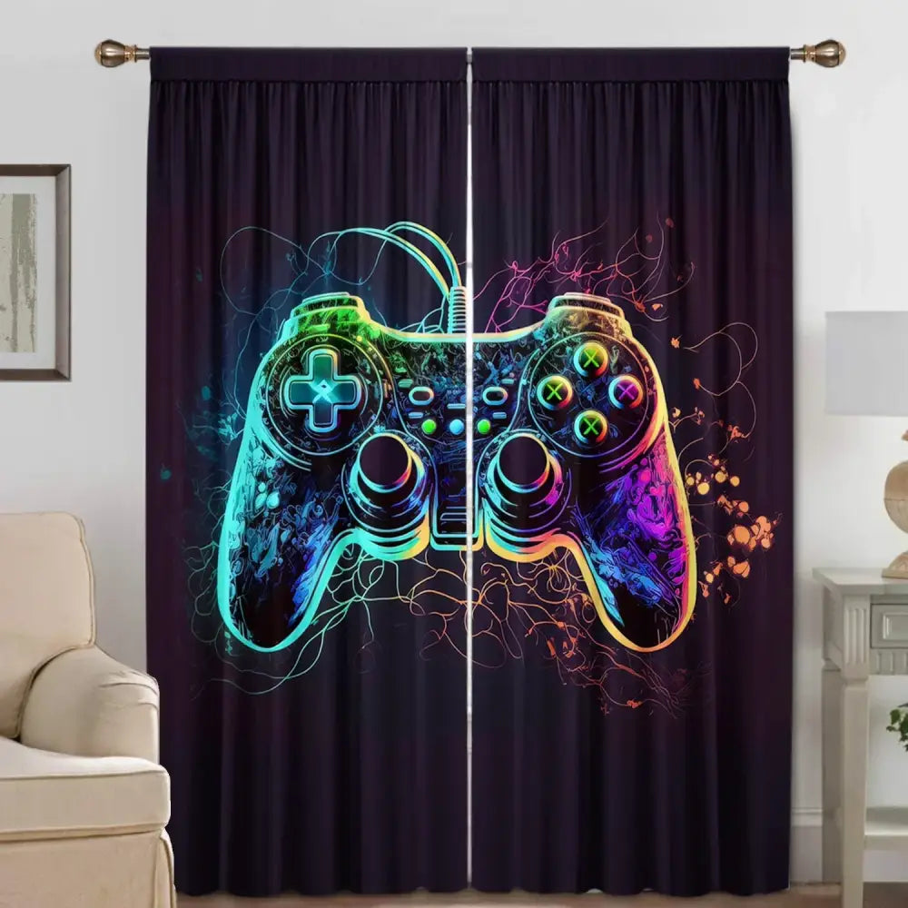 game console handle curtains black & rainbow bedroom decor