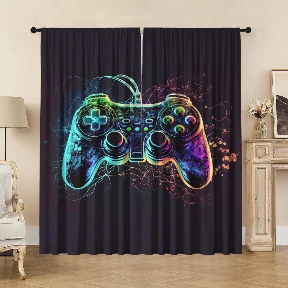 game console handle curtains black & rainbow bedroom decor