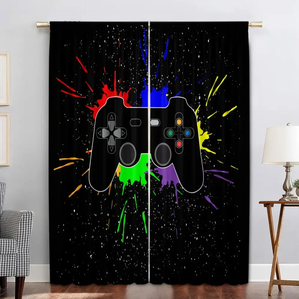 game console handle curtains black & rainbow bedroom decor
